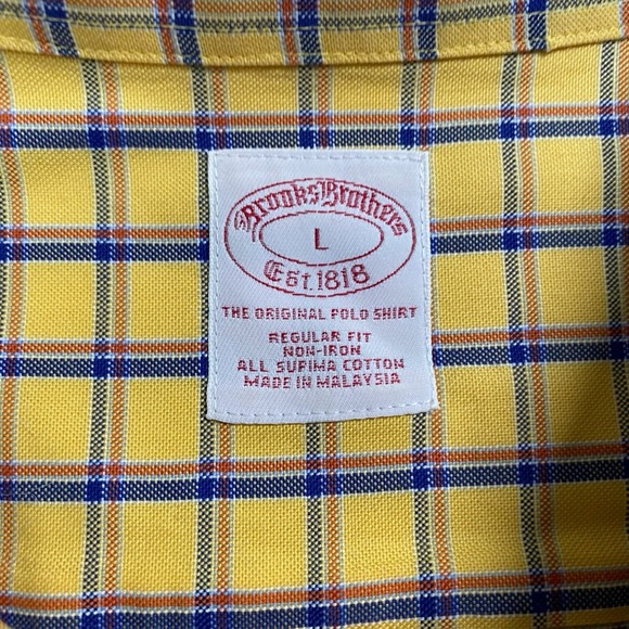 Brooks Brothers 1818 Shirt L Mens L/S Oxford Regular Non Iron Yellow Plaid Check - Picture 7 of 8
